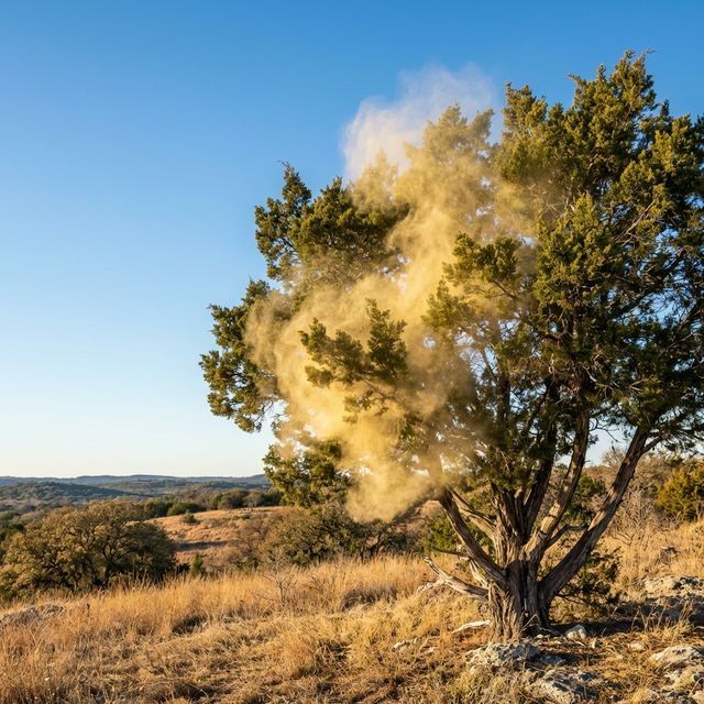 Ashe Juniper (mountain cedar) tree releasing pollen in the Texas Hill Country